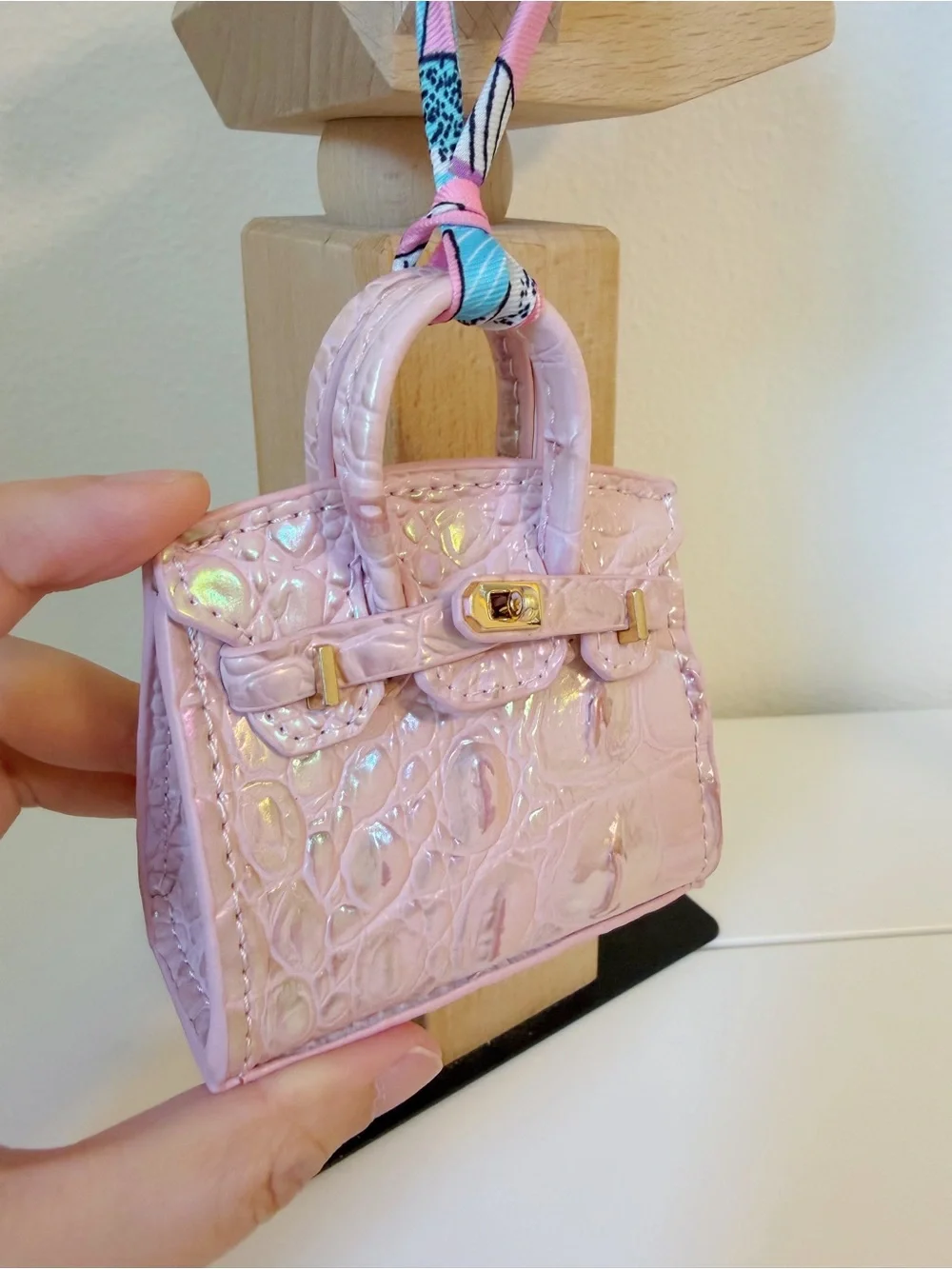 Iridescent Pearl Pink Croc Embossed Mini Bag Charm